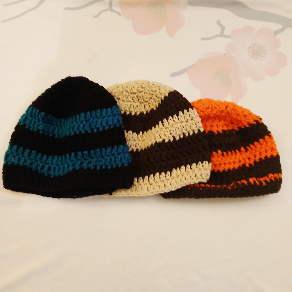 Striped Crochet Beanie Hat - Kids - Black & Teal, Black & Cream, Black & Orange